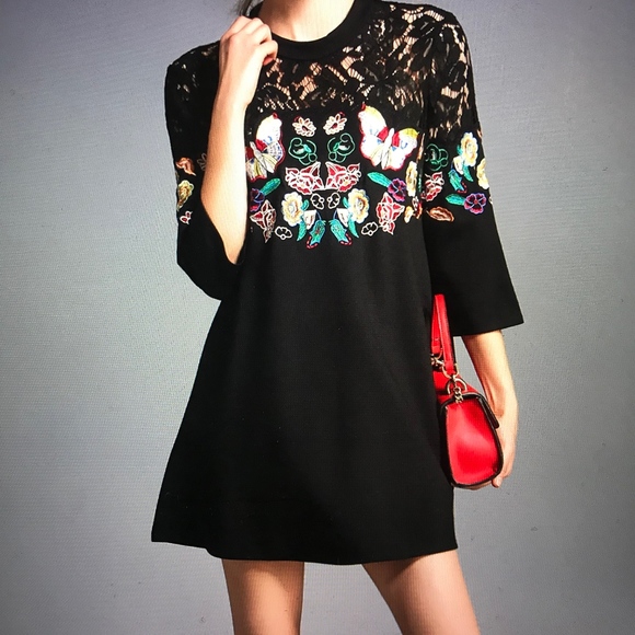 Black & Multicolor Lace Accent Swing Dress - Picture 1 of 6